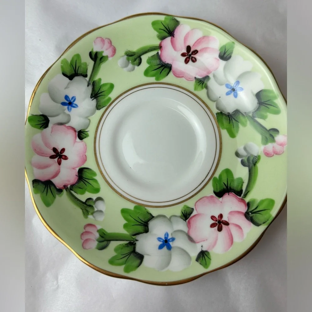 Royal Albert tea cup and saucer England Fine bone china Pink white & apple green